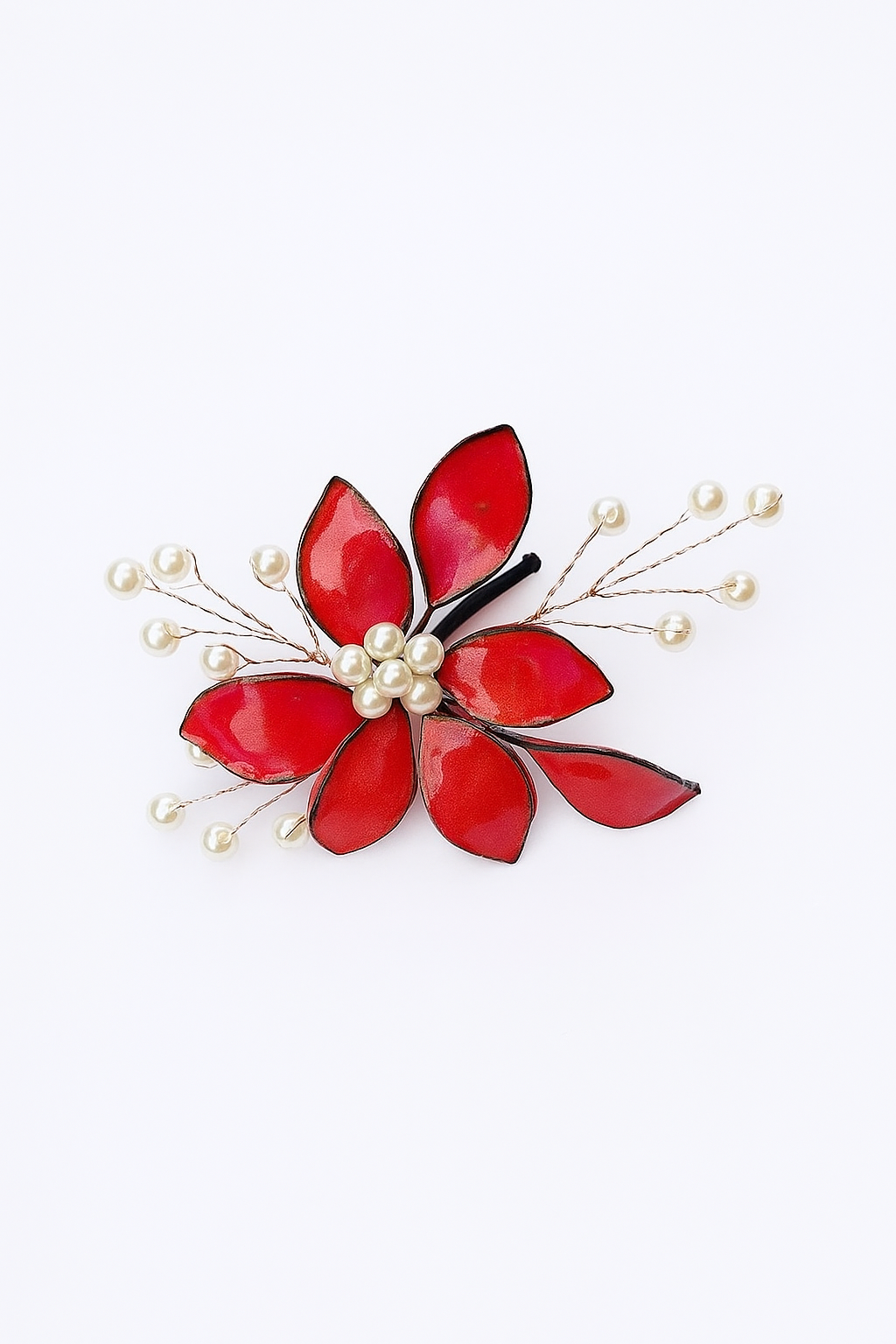 Red Resin Flower Hair Brooch with Pearls