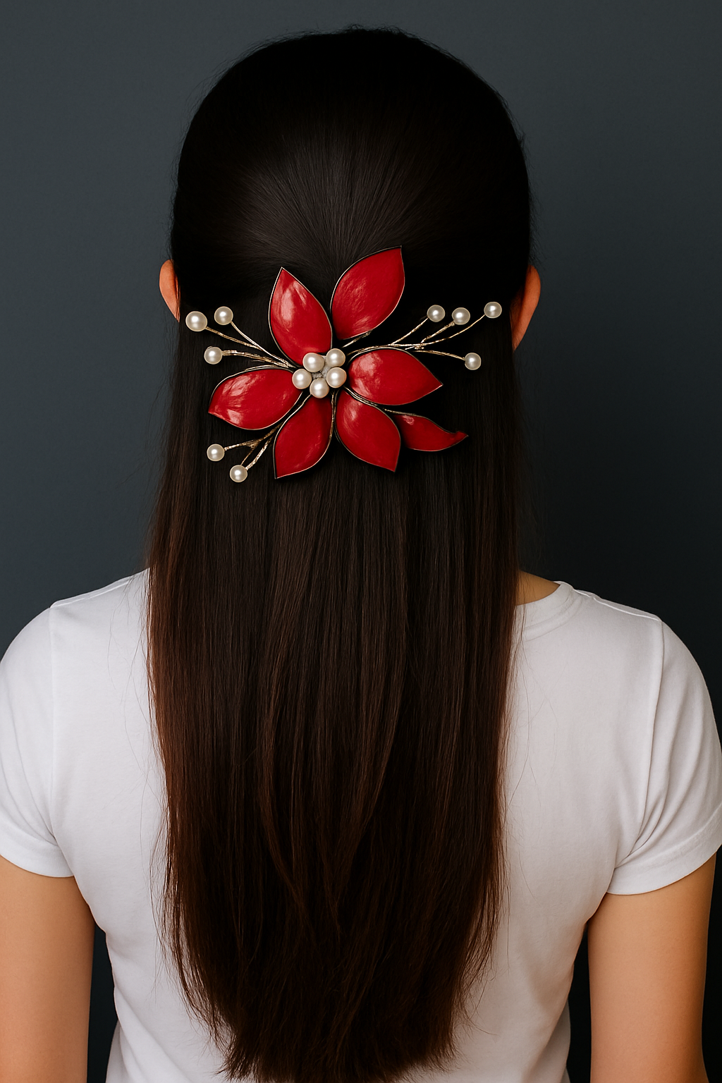 Red Resin Flower Hair Brooch with Pearls