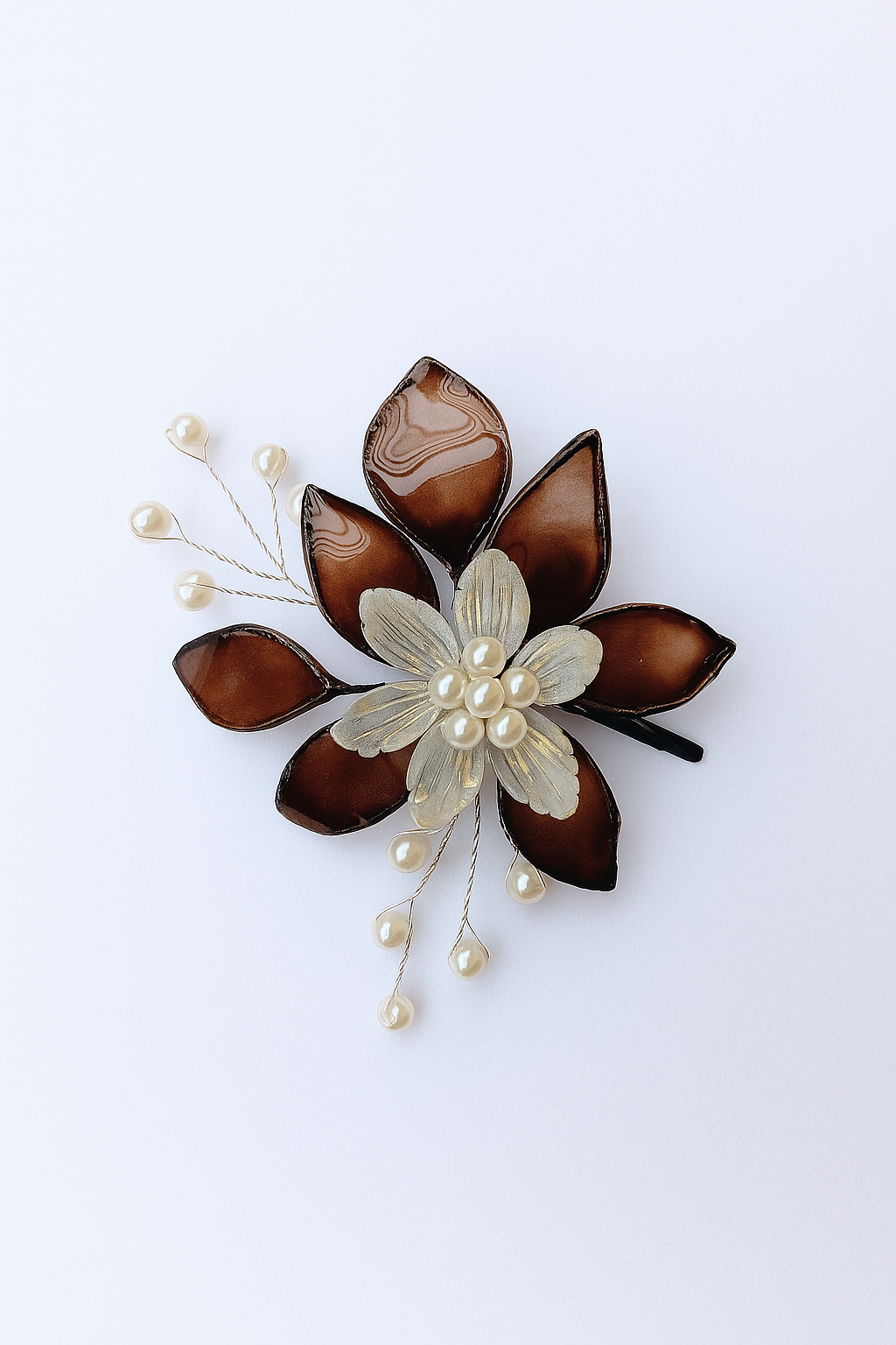Handmade Resin Art Flower Hair Brooch with Pearls (BROWN)