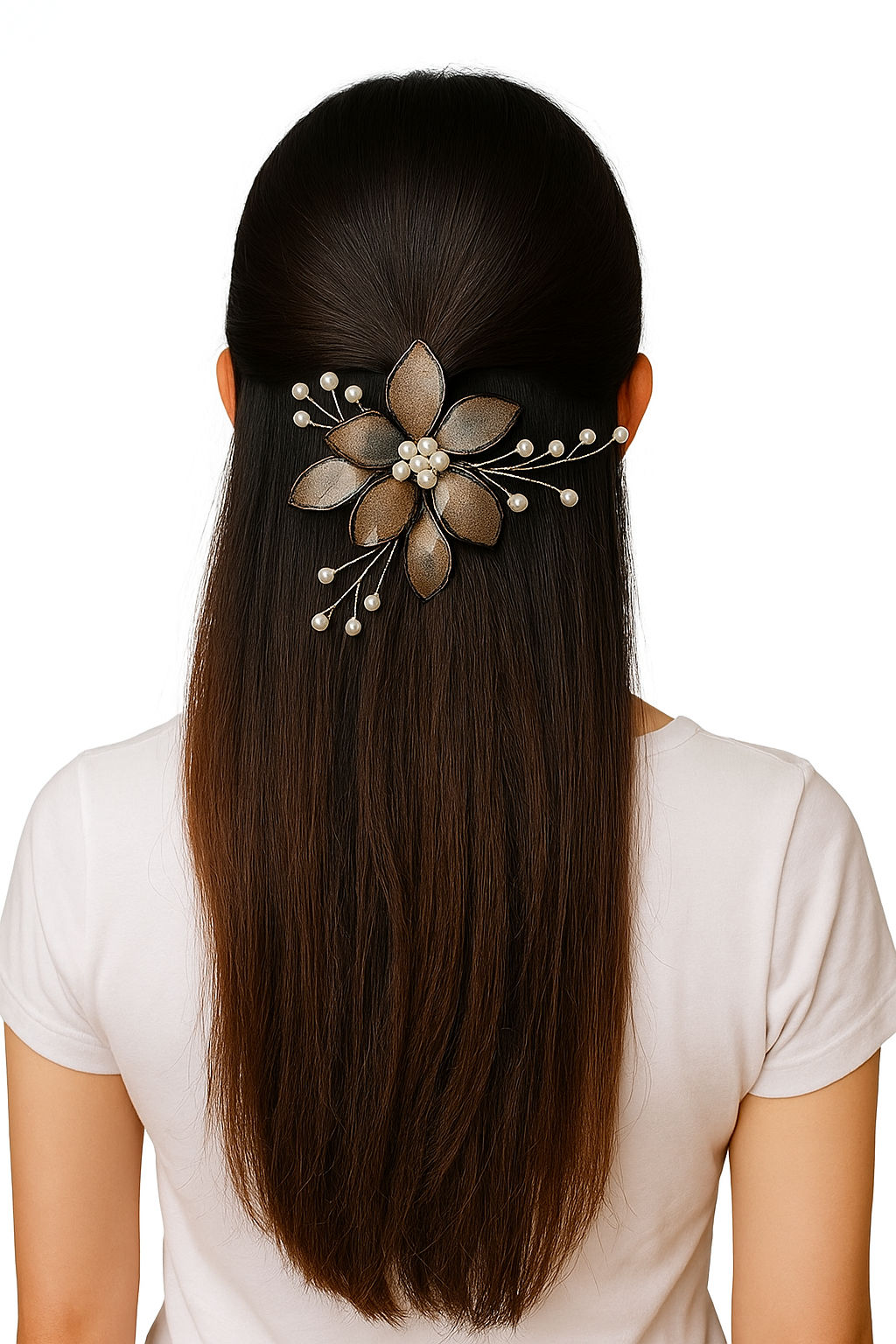 Brown Resin Flower Hair Brooch with Pearls