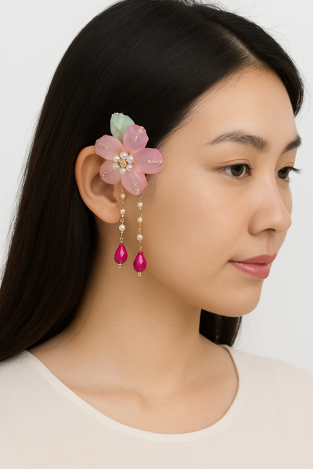 Pink & Green Floral Hair Brooch