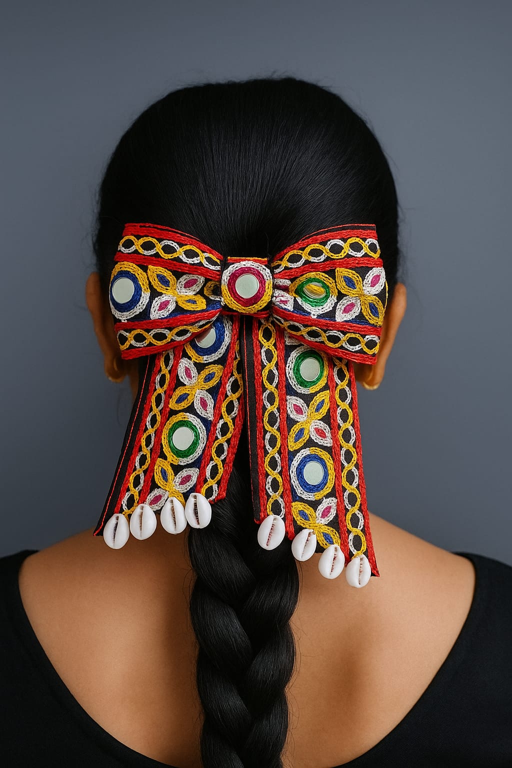 Hair Bow Clip with Mirror Work and Cowrie Shells