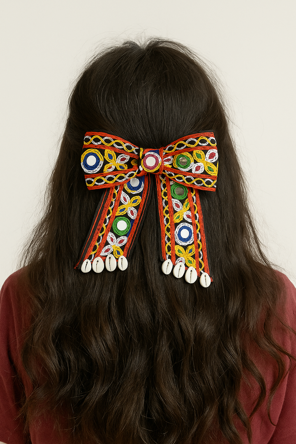 Hair Bow Clip with Mirror Work and Cowrie Shells