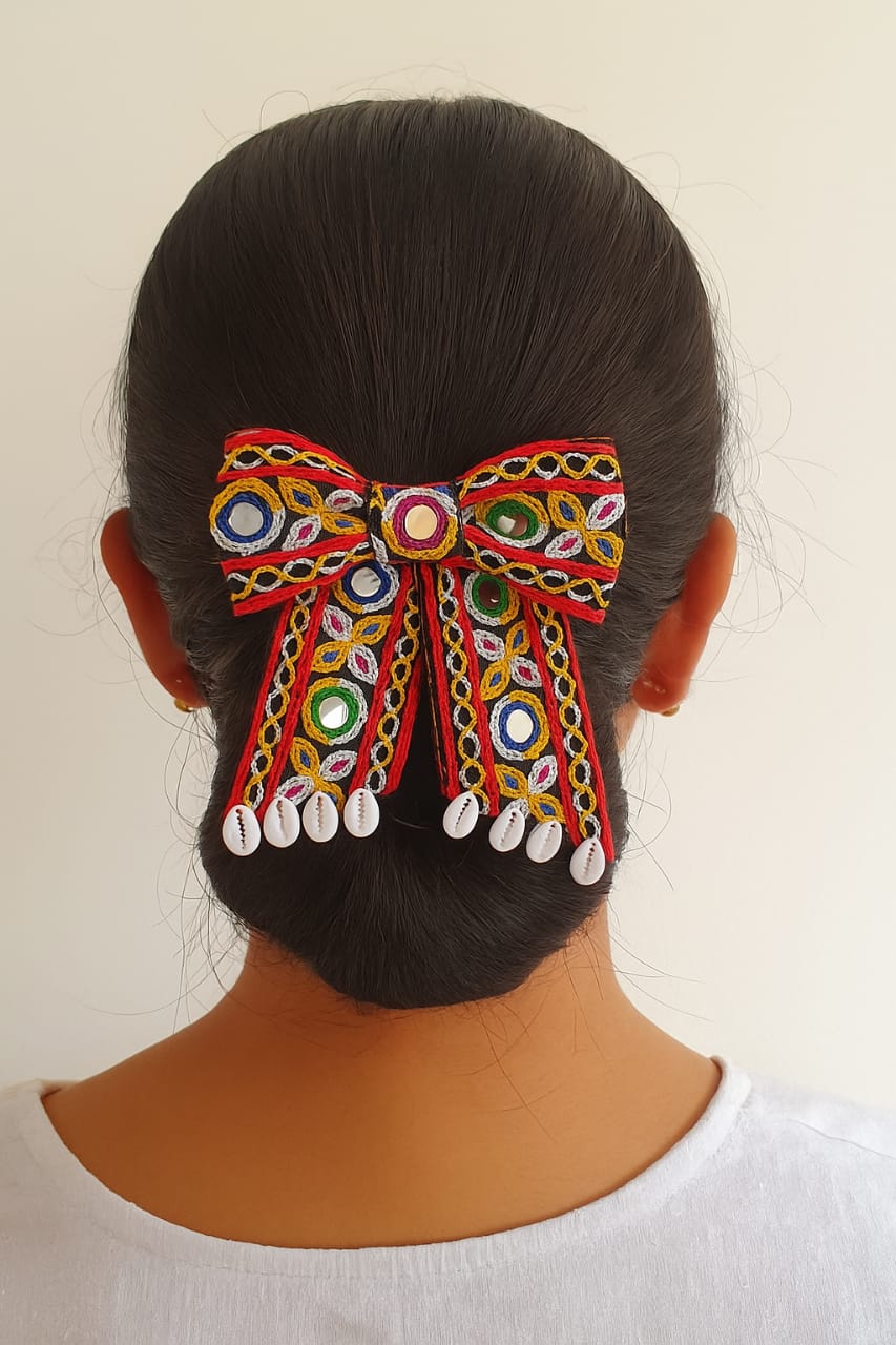 Hair Bow Clip with Mirror Work and Cowrie Shells