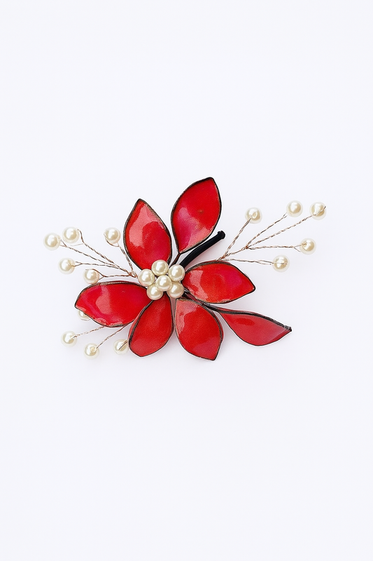 Red Resin Flower Hair Brooch with Pearls