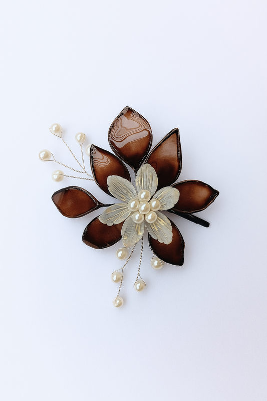 Handmade Resin Art Flower Hair Brooch with Pearls (BROWN)