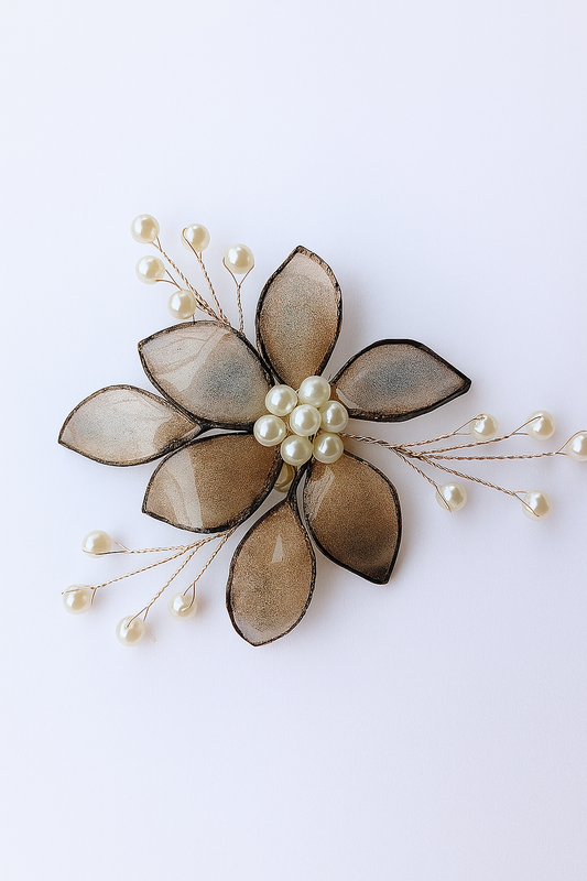 Brown Resin Flower Hair Brooch with Pearls