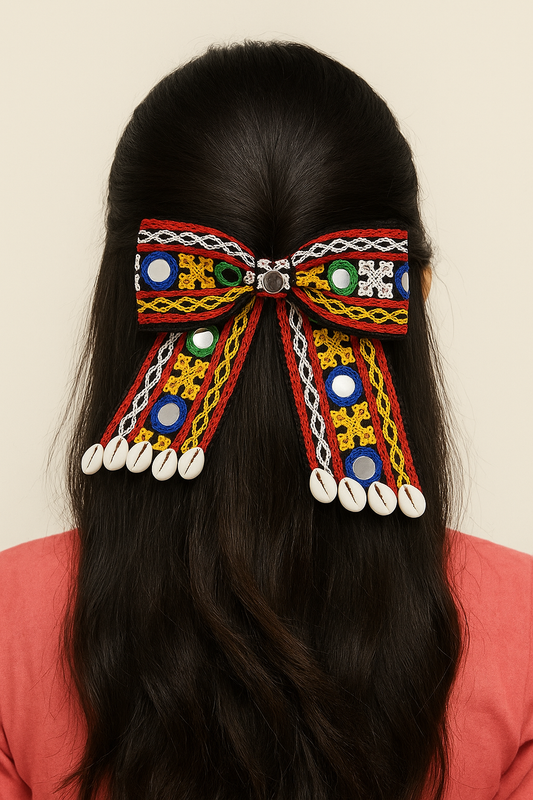 Hair Bow Clip with Mirror Work and Cowrie Shells