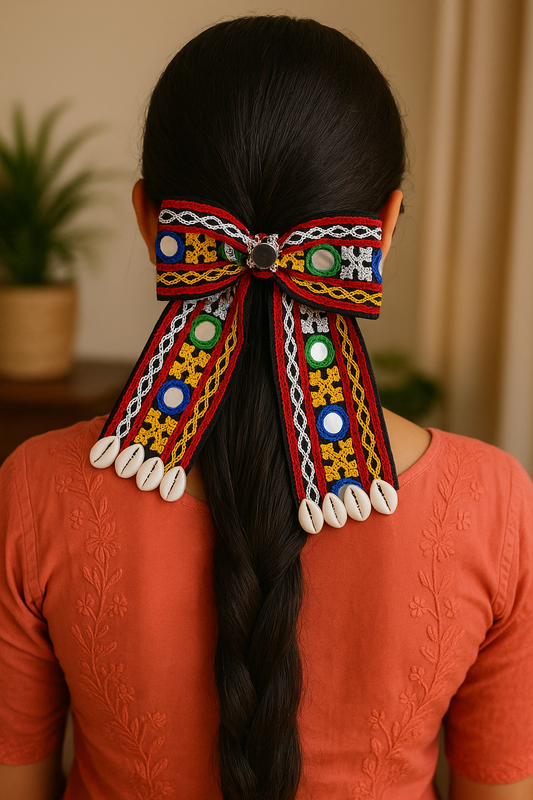 Hair Bow Clip with Mirror Work and Cowrie Shells