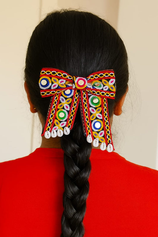 Hair Bow Clip with Mirror Work and Cowrie Shells